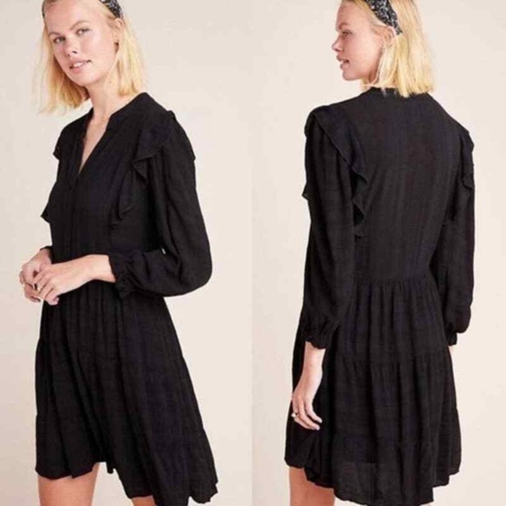 AMADI Anthropologie women’s Rossi Ruffled long sleeve Tunic Dress Black small